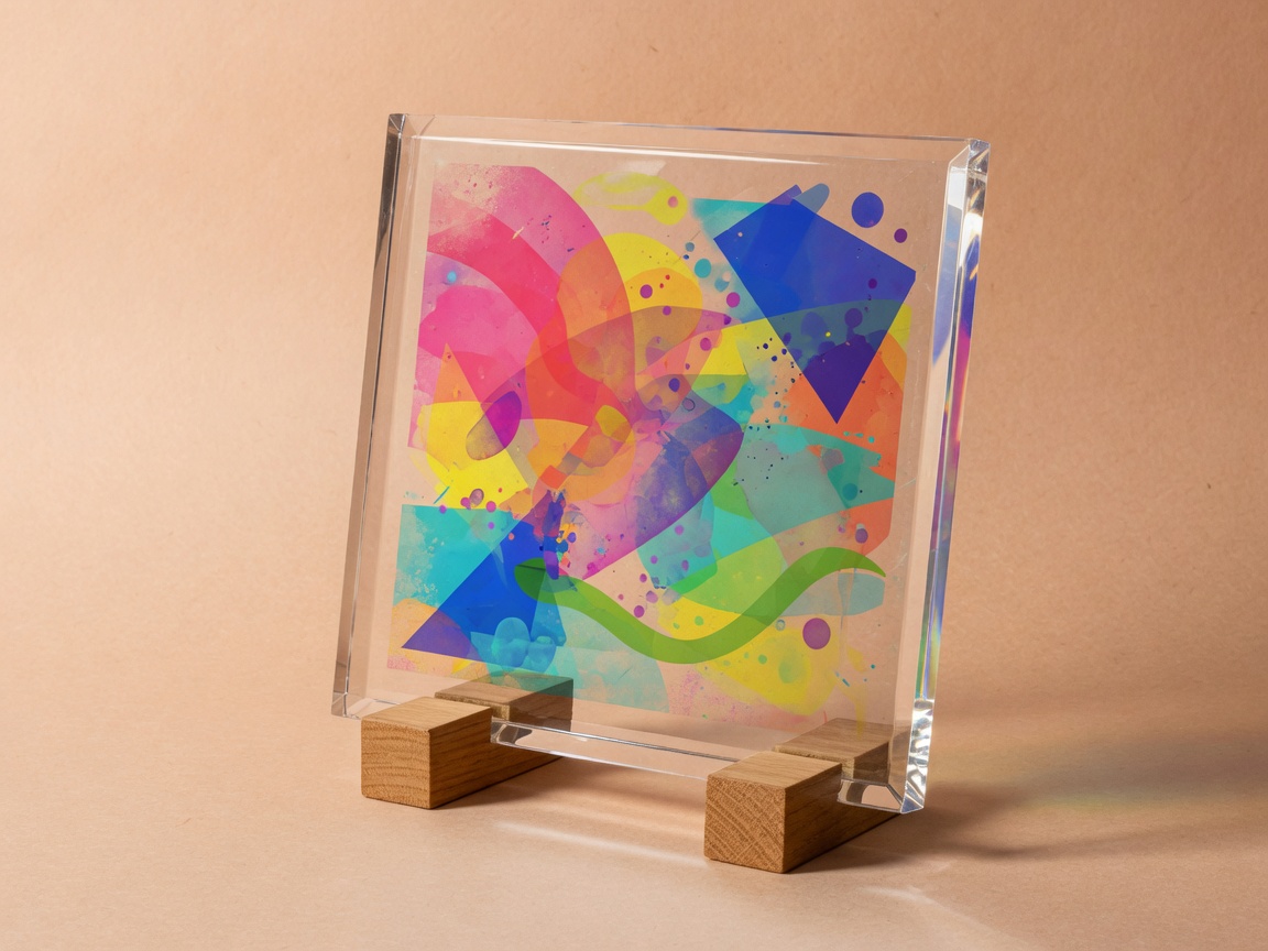 Clear acrylic desk stand with a printed graphic