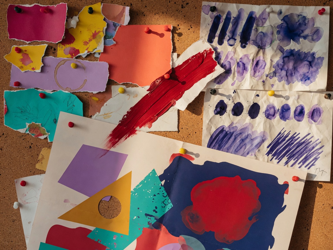 Cork wall with colour swatches and poster sketches