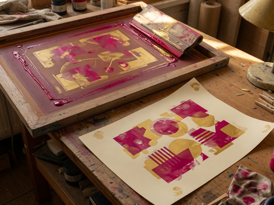 Silkscreen frame with magenta ink and a squeegee
