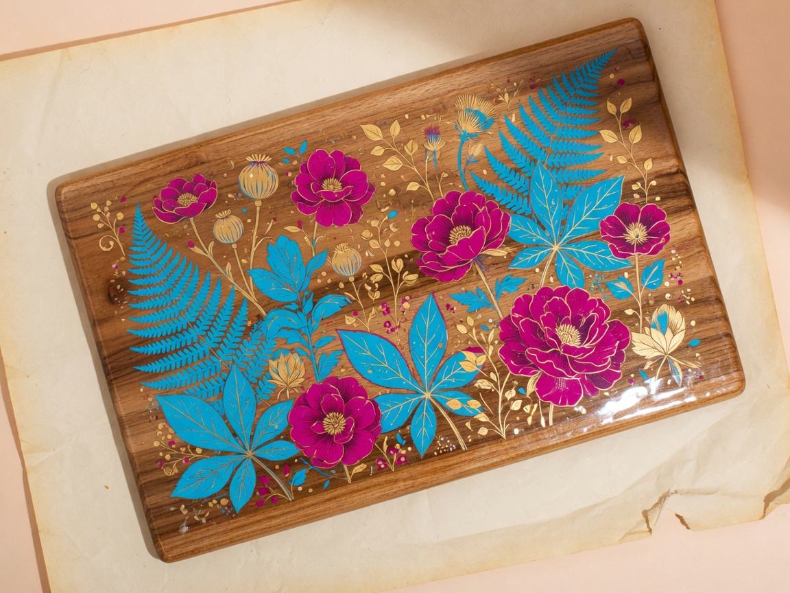 UV-printed wooden board with a botanical illustration