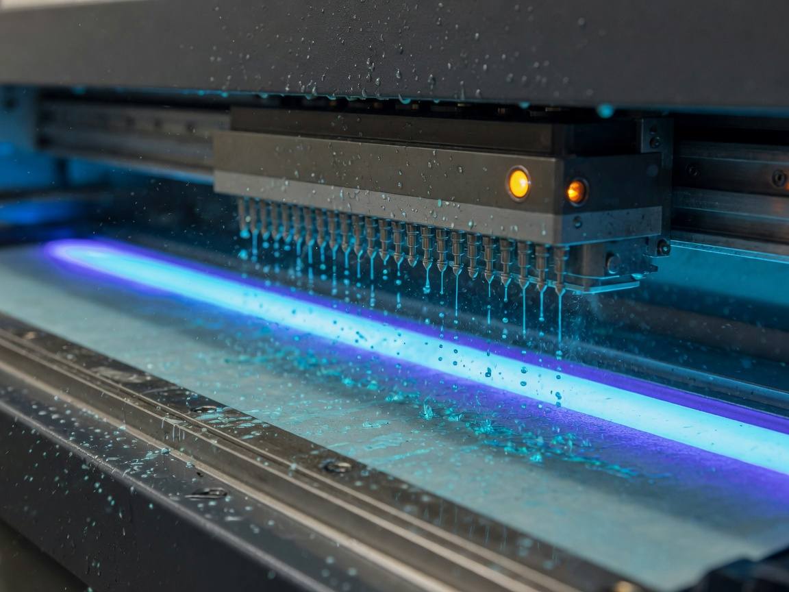Close-up of a UV printhead mid-run